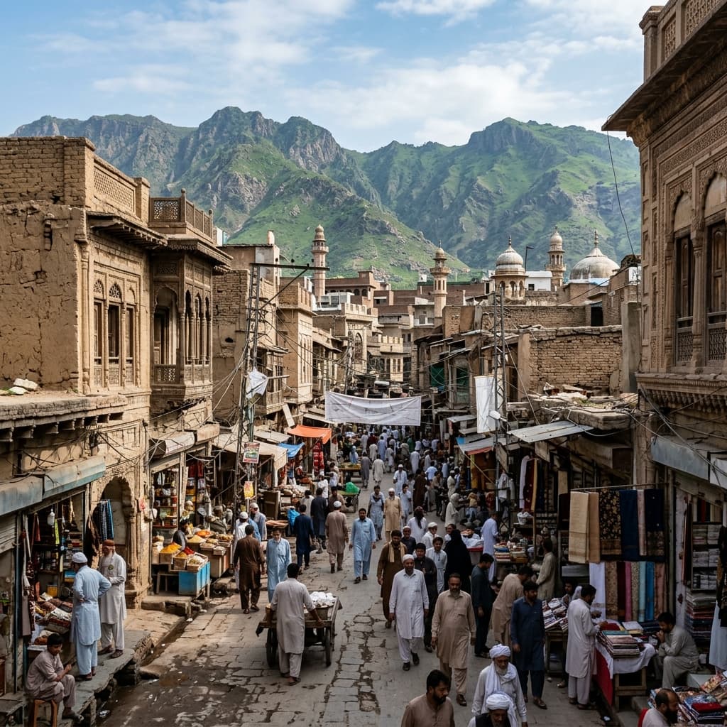 Peshawar old city with mountains — PESCO electricity service across KPK