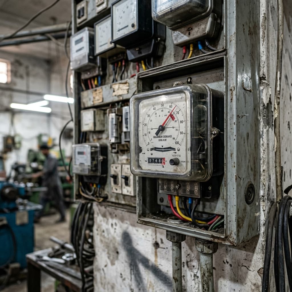 Three-phase maximum demand meter panel in a Sialkot export factory