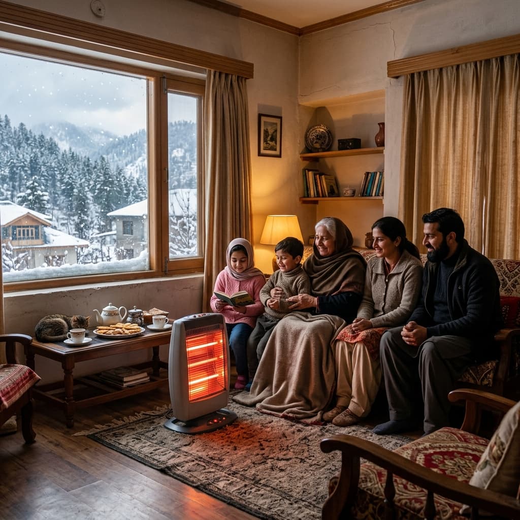Family using an electric heater in an Abbottabad home during winter snowfall