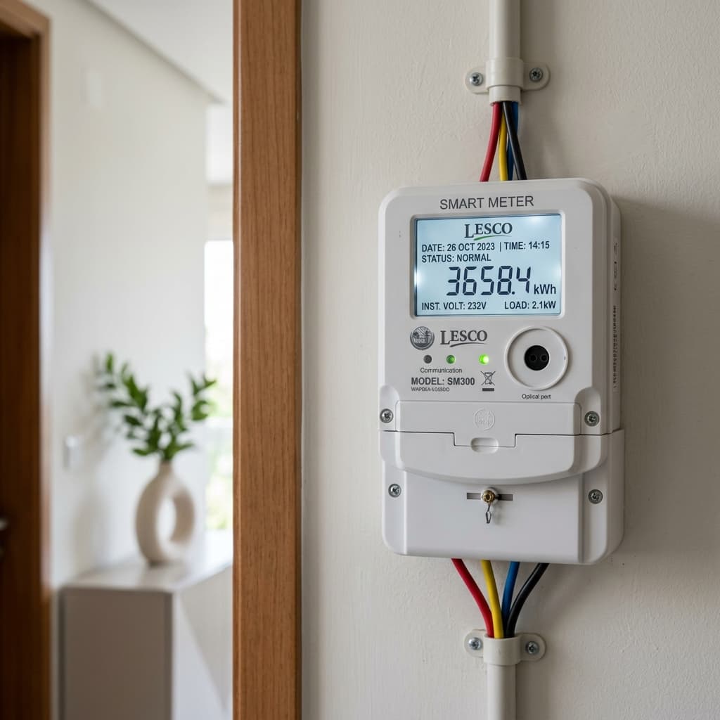 Smart digital electricity meter installed in a Lahore home showing unit consumption