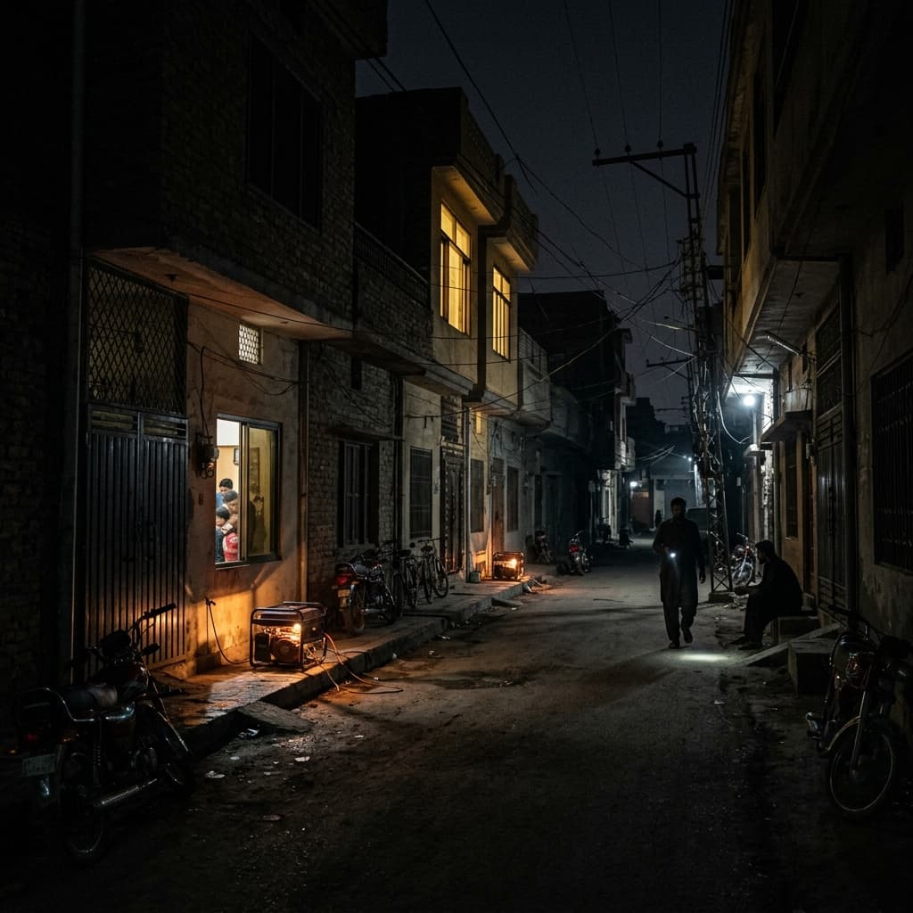 Peshawar neighborhood during a PESCO load-shedding outage at night