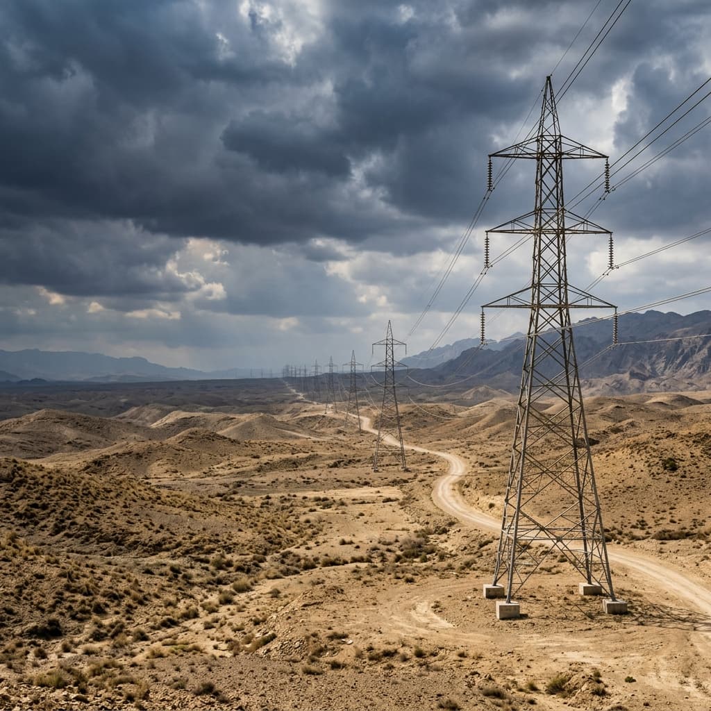 Electricity transmission poles crossing vast Balochistan desert — QESCO long feeder challenges